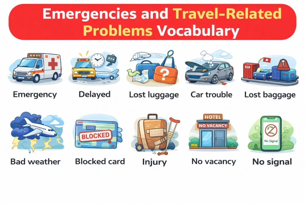 The Ultimate Travel Vocabulary Guide: 107 Words, Phrases & Practice Exercises (2026) 6 Emergencies and Travel-Related Problems Vocabulary