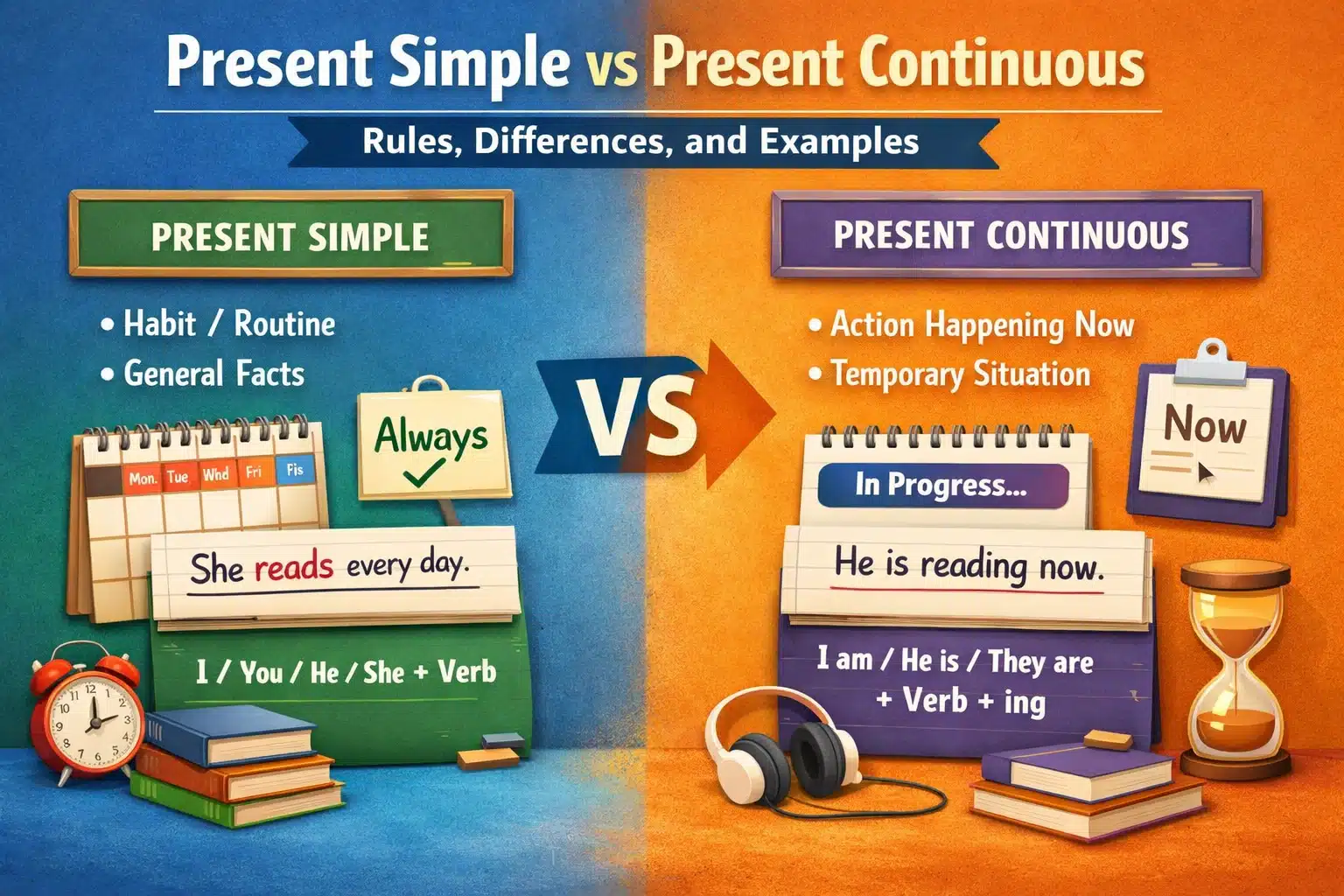 Present Simple vs Present Continuous: Rules & Examples